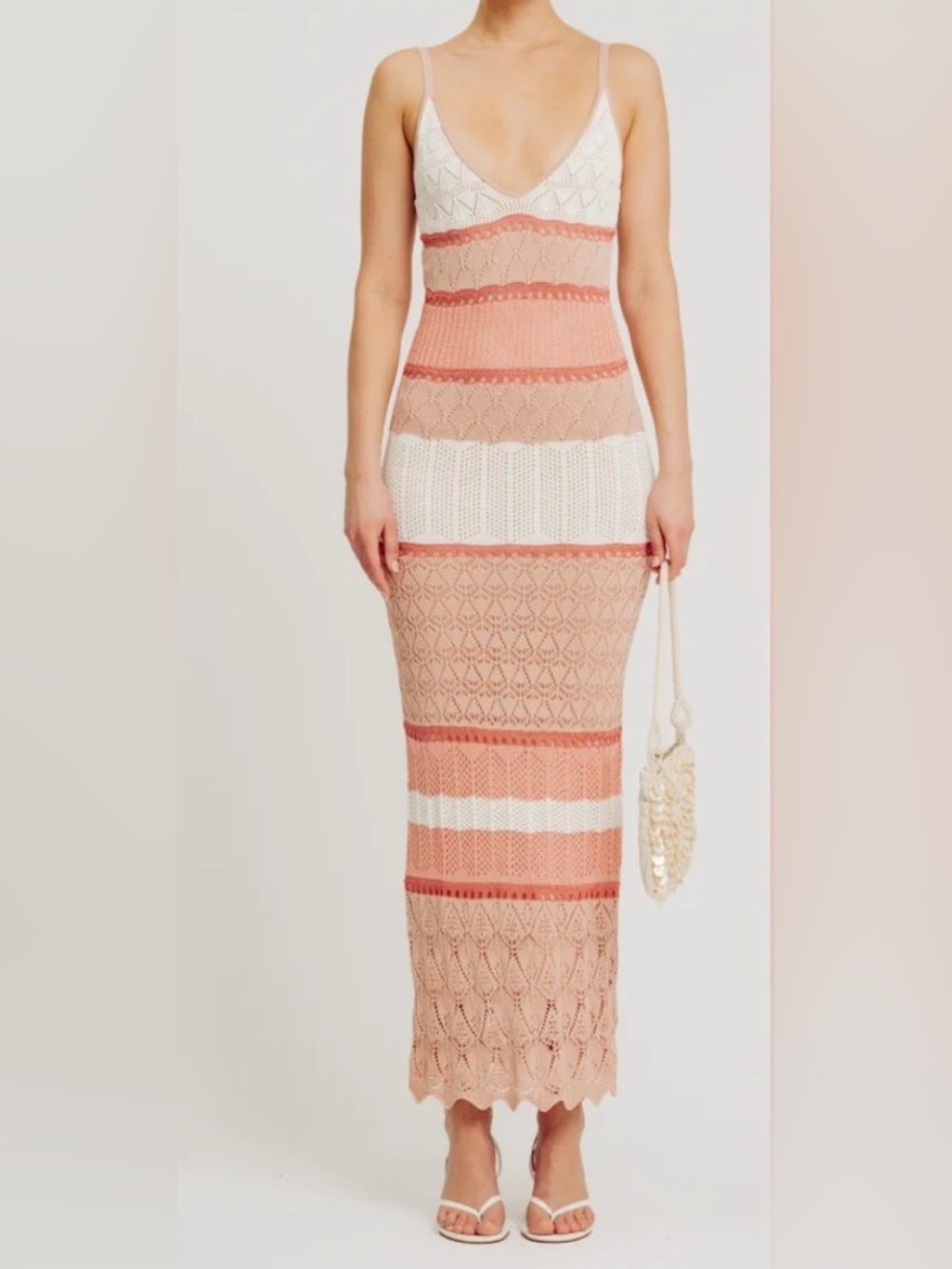 Torn by Ronny Kobo Striped Knit Halter Maxi Dress in Pink & White
